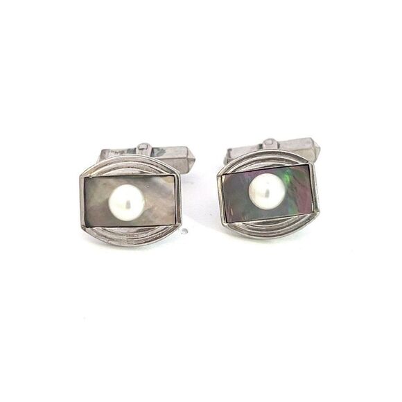 Mikimoto Estate Akoya + Mother of Pearl Cufflinks 5.2 mm Sterling Silver M381 - Picture 1 of 6